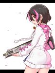  1girl apex_legends assault_rifle bangs beatus_creation black_hair brown_eyes cougar_(cougar1404) cowboy_shot drawstring dress energy_gun gun hatsume_(beatus_creation) holding holding_gun holding_weapon letterboxed looking_at_viewer open_mouth pink_hair r-301_carbine rifle short_dress short_hair solo standing weapon white_background white_dress 