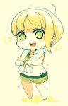  1girl blonde_hair character_request chibi full_body green_eyes long_hair looking_at_viewer mota open_mouth shorts simple_background smile solo sweat tank_top towel 