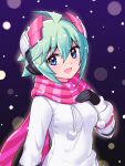  1girl ahoge azure_striker_gunvolt bangs black_gloves coat commentary cougar_(cougar1404) eyebrows_visible_through_hair gloves green_hair headgear long_sleeves looking_at_viewer open_mouth pink_scarf red_headwear roro_(gunvolt) scarf short_hair smile snowing solo striped striped_scarf white_coat 