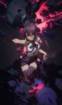  1girl bangs bare_shoulders black_hair black_legwear black_ribbon black_shorts blood blood_on_clothes blood_on_face blue_blood chainsaw_man ciloranko explosion from_above full_body hair_between_eyes hand_up highres looking_at_viewer neck_ribbon reze_(chainsaw_man) ribbon shirt short_hair shorts sleeveless sleeveless_shirt smile solo thighhighs white_shirt 
