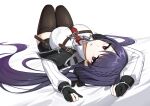  1girl absurdres arms_up bangs black_gloves black_legwear black_survival braid breasts collared_shirt eyebrows_visible_through_hair gloves hair_ornament highres hyejin_(black_survival) knees_up large_breasts lix long_hair long_sleeves looking_at_viewer lying on_back parted_lips purple_eyes purple_hair shirt solo thighhighs thighs white_background white_shirt 