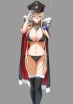  1girl ass_visible_through_thighs azur_lane bikini bismarck_(azur_lane) bismarck_(coat_of_arms) black_bikini black_cape black_headwear blonde_hair blue_eyes blush breasts cape collar fur-trimmed_cape fur-trimmed_legwear fur_trim gloves grey_background hair_between_eyes hat highres huge_breasts long_hair metal_collar peaked_cap red_cape rekka_(alo4610) sideways_glance simple_background solo swimsuit thigh_gap thighhighs very_long_hair white_gloves 