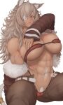  1girl abs absurdres animal_ears areolae bandeau bare_shoulders belt breasts cameltoe cleavage covering covering_one_breast dark-skinned_female dark_skin eyepatch fur-trimmed_jacket fur_trim ghislaine_dedoldia green_pants grey_hair grey_pubic_hair hair_between_eyes highleg highleg_panties highres jacket kuromoro large_breasts long_hair looking_at_viewer muscular muscular_female mushoku_tensei navel off_shoulder one_breast_out open_belt open_pants panties pants parted_lips red_eyes scar scar_on_cheek scar_on_face scar_on_stomach sitting skindentation solo tail tail_ornament tail_ring toned underwear white_background 