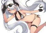  1girl absurdres bangs bikini black_bikini black_gloves black_ribbon blue_archive blush breasts choker closed_mouth eyewear_on_head gloves grey_hair hair_over_one_eye hair_ribbon halo highres iori_(blue_archive) iori_(swimsuit)_(blue_archive) long_hair looking_at_viewer medium_breasts pointy_ears red_eyes ribbon side-tie_bikini simple_background solo sunglasses swimsuit tail thigh_strap twintails tyobis. very_long_hair white_background 