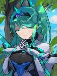 1girl asagi1111 bangs breasts chest_jewel earrings gem gloves greek_text green_eyes green_hair headpiece highres jewelry large_breasts long_hair pneuma_(xenoblade) ponytail solo swept_bangs tiara very_long_hair xenoblade_chronicles_(series) xenoblade_chronicles_2 