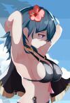  1girl alternate_costume armpits arms_up bangs bikini bikini_top_only blue_eyes blue_hair blue_sky breasts byleth_(fire_emblem) byleth_(fire_emblem)_(female) cloud fire_emblem fire_emblem:_three_houses fire_emblem_heroes flower from_side hair_flower hair_ornament jewelry kitami_tsuzuka knife large_breasts long_hair necklace official_alternate_costume shaded_face sideboob sky solo swimsuit upper_body 