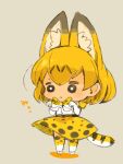  1girl animal_ears blonde_hair bow bowtie chibi closed_mouth elbow_gloves full_body gloves kemono_friends mota orange_bow print_bow print_bowtie serval_(kemono_friends) serval_print short_hair simple_background skirt sleeveless solo tail thighhighs 