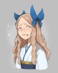  1girl anger_vein asakaze_(kancolle) bangs biting blue_bow blue_eyes blue_hakama bow forehead grey_background hair_bow hakama japanese_clothes kantai_collection kimono light_brown_hair lip_biting long_hair looking_at_viewer meiji_schoolgirl_uniform momo_tai parted_bangs saliva sidelocks solo upper_body wavy_hair white_kimono wince 