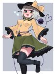  1girl :d absurdres bangs black_footwear black_headwear black_legwear blush bow breasts eyebrows_visible_through_hair fang frilled_skirt frills green_eyes green_skirt grey_background grey_hair hat hat_bow heart heart_of_string highres koishi_day komeiji_koishi leg_up looking_at_viewer medium_breasts open_mouth outside_border shirt short_hair simple_background skirt smile solo standing thighhighs third_eye topadori touhou yellow_bow yellow_shirt 