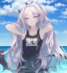  1girl absurdly_long_hair ahoge armpits arms_up bangs blue_archive blue_sky blue_swimsuit cloud demon_wings expressionless grey_hair hair_ornament hairpin halo hands_in_hair highres hina_(blue_archive) horizon long_hair looking_at_viewer name_tag one-piece_swimsuit one_side_up outdoors parted_bangs purple_eyes school_swimsuit skin_tight sky solo swimsuit toshio upper_body very_long_hair wet wet_hair whistle wings 