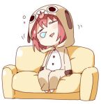  1girl akaza_akari animal_costume bangs blush commentary_request couch dog_costume drooling eyebrows_visible_through_hair half-closed_eyes head_tilt lowres namori nose_bubble open_mouth pajamas red_hair short_hair sitting sleeping solo white_background yuru_yuri 
