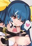  1boy 1girl absurdres areolae bangs bar_censor bare_shoulders belt blue_hair breast_grab breasts censored choker cleavage collarbone cum detached_collar detached_sleeves dizzy_(guilty_gear) eyebrows_visible_through_hair eyelashes facial grabbing guilty_gear guilty_gear_xrd hair_ornament hair_ribbon hair_rings hand_on_own_chest heart hetero highres kitami_tsuzuka large_breasts long_hair looking_down nipples one_eye_closed open_mouth paizuri paizuri_under_clothes penis red_eyes ribbon sidelocks solo_focus spoken_heart twintails upper_body yellow_ribbon 