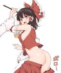  1girl ^^^ arm_up armpit_crease ass back bangs bare_shoulders black_hair blush bow breasts brown_eyes clothes_pull commentary detached_sleeves dimples_of_venus eyebrows_visible_through_hair frilled_bow frills from_behind gohei hair_bow hair_tubes hakurei_reimu highres large_bow long_sleeves looking_at_viewer medium_breasts medium_hair miyo_(ranthath) no_panties nontraditional_miko open_mouth red_bow red_shirt red_skirt ribbon-trimmed_sleeves ribbon_trim shide shirt sideboob sidelocks simple_background skirt skirt_pull sleeveless sleeveless_shirt small_breasts solo sweat torn_clothes torn_skirt touhou translation_request wardrobe_malfunction white_background white_sleeves wide_sleeves 