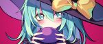  1girl absurdres aqua_eyes aqua_hair black_headwear blush bow closed_mouth eyeball eyebrows_visible_through_hair frilled_shirt_collar frills frown hair_between_eyes hat hat_bow hat_ribbon heart heart_in_eye highres holding koishi_day komeiji_koishi looking_to_the_side magenta_background medium_hair nail_polish pink_nails portrait ribbon simple_background solo su_ha_ya symbol_in_eye third_eye touhou wavy_hair yellow_bow yellow_ribbon 