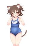  1girl akagi_miria animal_ears arms_up ass_visible_through_thighs blue_swimsuit blush breasts brown_eyes brown_hair commentary_request covered_navel hair_bobbles hair_ornament hands_on_own_shoulders highres hosizora_mikoto idolmaster idolmaster_cinderella_girls name_tag old_school_swimsuit one-piece_swimsuit open_mouth school_swimsuit short_hair simple_background small_breasts solo swimsuit tail thigh_gap thighs two_side_up white_background 
