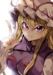  1girl absurdres backlighting blonde_hair breasts commentary_request dress eyebrows_visible_through_hair hair_between_eyes hat hat_ribbon highres large_breasts long_sleeves looking_at_viewer maboroshi_mochi mob_cap nail_polish purple_eyes purple_nails purple_tabard red_ribbon ribbon simple_background solo touhou upper_body v white_background white_dress white_headwear yakumo_yukari 
