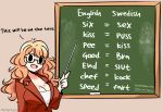  1girl :d artist_name bikini blazer bra breasts brown_background chalk chalkboard cleavage curly_hair dickbutt glasses highres jacket large_breasts long_hair mole mole_on_breast murgoten open_mouth orange_hair original pointer smile swimsuit teacher underwear 