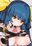  1boy 1girl absurdres areolae bangs bar_censor bare_shoulders belt blue_hair breast_grab breasts censored choker cleavage collarbone detached_collar detached_sleeves dizzy_(guilty_gear) eyebrows_visible_through_hair grabbing guilty_gear guilty_gear_xrd hair_ornament hair_ribbon hair_rings hand_on_own_chest hetero highres kitami_tsuzuka large_breasts long_hair looking_down nipples paizuri paizuri_under_clothes penis red_eyes ribbon solo_focus twintails upper_body yellow_ribbon 