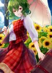  7comachi7 ascot bird blue_sky breasts buttons cloud collared_shirt day eyebrows_visible_through_hair eyelashes field fingernails flower flower_field frilled_ascot frilled_skirt frilled_umbrella frills garden_of_the_sun green_hair hair_between_eyes highres holding holding_umbrella kazami_yuuka lips long_skirt looking_at_viewer medium_breasts open_clothes open_vest outdoors parasol plaid plaid_skirt red_eyes shirt short_hair skirt sky sleeves_past_elbows smile solo suitcase sunflower touhou umbrella vest wavy_hair white_shirt yellow_ascot 