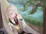  ;o ahoge arknights belt blonde_hair blush brown_jacket coat collared_shirt day green_eyes hair_ornament hammock highres jacket lens_(arknights) long_sleeves lying necktie on_back one_eye_closed open_clothes open_coat outdoors parted_lips red_necktie river scene_(arknights) shirt short_hair tree upper_body waking_up water white_coat white_shirt yoshi-j 