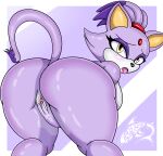  2022 absurd_res anthro blaze_the_cat border breasts domestic_cat felid feline felis genitals hi_res lidded_eyes looking_back mammal masturbation open_mouth purple_body pussy renegade-157 sega sonic_the_hedgehog_(series) thick_butt thick_thighs tongue tongue_out white_border wide_hips 
