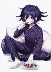  1boy absurdres alternate_costume bangs checkered_clothes checkered_pants checkered_shirt collarbone collared_shirt cookie danganronpa_(series) danganronpa_v3:_killing_harmony eating flipped_hair food food_on_face grey_background highres long_sleeves medium_hair no_scarf ouma_kokichi pillow plate purple_hair shiny shiny_hair shirt simple_background sitting solo ttegi_(ddeck_dg) 