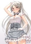  1girl armpit_cutout blush breasts brown_eyes cleavage cleavage_cutout clothing_cutout conte_di_cavour_(kancolle) conte_di_cavour_nuovo_(kancolle) corset dress eyebrows_visible_through_hair frilled_dress frills gloves grey_dress hand_on_hip kantai_collection layered_dress long_hair looking_at_viewer mayura2002 medium_breasts sidelocks simple_background solo sweat two-tone_dress two_side_up white_background white_dress white_gloves 