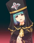  1girl absurdres blue_hair breasts commentary_request corruption dark_persona eyebrows_visible_through_hair gradient gradient_background green_hair highres ishiyumi looking_at_viewer medium_breasts open_mouth orange_eyes original own_hands_together portrait priestess sailor_collar short_hair smile solo veil 