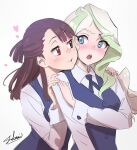  2girls absurdres blue_eyes blush brown_hair cheek-to-cheek diana_cavendish green_hair hands_on_another&#039;s_shoulders heads_together heart highres kagari_atsuko little_witch_academia long_hair long_sleeves multicolored_hair multiple_girls nose_blush open_mouth red_eyes signature simple_background smile takami_masahiro two-tone_hair upper_body vest wavy_hair white_background white_hair yuri 