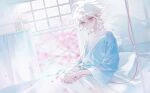  1boy absurdres alternate_costume bandaid bangs bed blurry blurry_background brown_eyes collarbone danganronpa_(series) danganronpa_2:_goodbye_despair grey_hair hair_between_eyes highres hospital_bed hospital_gown komaeda_nagito looking_at_viewer male_focus medium_hair messy_hair open_window parted_lips petals pillow shiny shiny_hair sitting teeth window xiwang_xintu 