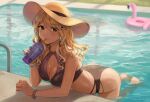  1girl ass bikini black_eyes blonde_hair blush bracelet braid breasts brown_hair bubble_tea cleavage cup disposable_cup drinking drinking_straw_in_mouth earrings eyebrows_visible_through_hair floating gijang gradient_hair gyaru hair_between_eyes hat idolmaster idolmaster_shiny_colors inflatable_flamingo izumi_mei jewelry large_breasts long_eyelashes long_hair looking_at_viewer multicolored_hair nail_polish outdoors parted_lips pinky_out pool ring side_braid solo straw_hat swimsuit tan wavy_hair 