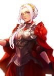  1girl absurdres alternate_costume alternate_hairstyle armor breasts cape edelgard_von_hresvelg fire_emblem fire_emblem:_three_houses fire_emblem_warriors fire_emblem_warriors:_three_hopes gloves hair_ornament hair_ribbon highres long_hair looking_at_viewer official_alternate_costume official_alternate_hairstyle purple_eyes ribbon sethkiel simple_background solo white_hair 