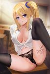  1girl absurdres arm_around_leg arm_support bangs black_legwear black_panties blonde_hair blue_eyes blush breasts cameltoe classroom desk eyebrows_visible_through_hair feet_out_of_frame hair_between_eyes hayasaka_ai highres indoors jewelry kaguya-sama_wa_kokurasetai_~tensai-tachi_no_renai_zunousen~ large_breasts leaning_back leg_up lingerie long_hair long_sleeves looking_at_viewer meginalter navel necklace no_bra on_table open_clothes open_shirt panties parted_lips school_desk shirt side_ponytail sidelocks signature sitting solo spread_legs table thighhighs tied_shirt underwear white_shirt 