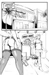  absurd_res anthro bottomwear bulge butt canid canine clothing comic dialogue english_text female garter_belt garter_straps hi_res legwear male mammal mdgusty monochrome pants shirt text thigh_highs topwear 