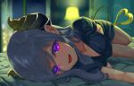  1girl absurdres blurry blurry_background breasts demon_tail futayamam2 grey_hair highres honey_strap horns indoors lamp light_blush looking_at_viewer lying medium_breasts mole mole_under_mouth on_side open_mouth purple_eyes saionji_mary shorts smile solo tail virtual_youtuber 