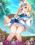  1girl absurdres animal_ear_fluff animal_ears ass_visible_through_thighs blue_eyes blue_kimono brown_hair clothes_lift cloud food fox_ears fox_girl fox_shadow_puppet fox_tail fruit fundoshi grape_stomping grapes groin hairband highres japanese_clothes kimono kimono_lift lifted_by_self long_hair off_shoulder open_mouth original outdoors shadow_puppet sky smile solo tail thigh_gap thighs underwear white_kimono zamudelin 