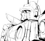  absurdres from_side greyscale highres ishiyumi looking_up mecha monochrome radio_antenna science_fiction sentou_mecha_xabungle sketch solo visor white_background xabungle_(mecha) 