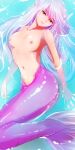  1girl absurdres bangs breasts commentary_request commission completely_nude eyebrows_visible_through_hair head_fins highres long_hair medium_breasts mermaid monster_girl navel nipples nude original partially_submerged pink_hair solo tanaka_yutaka water yellow_eyes 