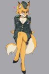  &lt;3 2022 anthro black_nose breasts canid canine claws cleavage clothed clothing crossed_legs ear_tuft eyelashes eyewear fangs female footwear fox fur glasses hat headgear headwear hi_res looking_at_viewer lt._fox_vixen makeup mammal military_uniform multicolored_body multicolored_fur one_eye_closed open_mouth sek_studios shoes simple_background sitting solo squirrel_and_hedgehog tuft two_tone_body two_tone_fur uniform wanii wink 