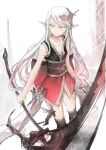  1girl back_bow bangs bare_shoulders bow breasts clothing_request collarbone feet_out_of_frame gradient_clothes grey_eyes hair_ornament holding holding_scythe japanese_clothes long_hair obi original sash scythe sketch small_breasts solo thighhighs white_hair zeixique 