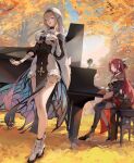  2girls absurdres aponia_(honkai_impact) autumn_leaves bangs black_dress blue_eyes breast_curtains breasts brown_hair butterfly_wings choker cup dress eden_(honkai_impact) grand_piano high_heels highres honkai_(series) honkai_impact_3rd instrument kodamazon large_breasts long_bangs long_hair multiple_girls music nun official_art open_mouth outline pantyhose pelvic_curtain piano playing_instrument red_hair singing sitting sky standing tree veil white_footwear wings yellow_eyes 