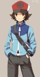 1boy bag belt_buckle black_shirt blue_jacket brown_eyes brown_hair buckle closed_mouth commentary_request dated grey_background grey_pants hands_in_pockets hat highres hilbert_(pokemon) jacket long_sleeves male_focus messenger_bag oyasu pants poke_ball_print pokemon pokemon_(game) pokemon_bw red_headwear shirt short_hair shoulder_bag signature smile solo 