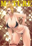  1girl artist_name bare_shoulders between_breasts blonde_hair blue_eyes bracelet breasts character_name cleavage collarbone commentary_request earrings eyepatch hair_bun hair_over_one_eye hand_on_hip highres jewelry large_breasts leaning_forward lips lipstick makeup mature_(kof) navel necklace parted_lips shiny shiny_hair shiny_skin signature simple_background sk_(sk-g) smile stomach swimsuit the_king_of_fighters the_king_of_fighters_xv thighs watermark 