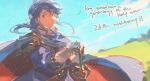  1boy anniversary armor blue_hair blue_sky brown_eyes cape english_text fire_emblem garmmy gloves grass male_focus marth_(fire_emblem) short_hair sky smile sword weapon 