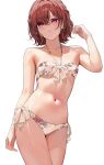  1girl arm_up armpits bangs bare_shoulders bikini breasts brown_hair collarbone contrapposto cowboy_shot eyebrows_visible_through_hair floral_print front-tie_bikini front-tie_top gin00 halterneck highres higuchi_madoka idolmaster idolmaster_shiny_colors looking_at_viewer medium_hair mole mole_under_eye navel purple_eyes side-tie_bikini simple_background small_breasts solo standing stomach swimsuit thighs white_background white_bikini 