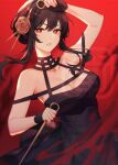  1girl arm_up bangs black_dress black_hair blush breasts cleavage collarbone dagger dress earrings english_commentary fingerless_gloves gloves gold_earrings gold_hairband hair_bun holding holding_dagger holding_weapon jewelry juwei knife large_breasts looking_at_viewer parted_lips red_background short_hair_with_long_locks sidelocks solo spy_x_family stiletto_(weapon) two-sided_dress two-sided_fabric weapon yor_briar 