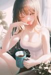  1girl bangs bare_shoulders breasts brown_eyes brown_hair camisole cleavage coffee coffee_cup collarbone cup curtains disposable_cup eating food hhl_(ggul80hg58) highres large_breasts long_hair looking_at_viewer macaron one_eye_closed original sitting sleeveless solo white_camisole 