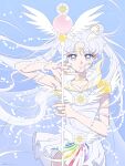  1girl absurdres bangs beads bishoujo_senshi_sailor_moon blue_background choker collarbone double_bun english_commentary facial_mark floating_hair forehead_mark highres holding holding_staff long_hair parted_bangs purple_eyes sailor_cosmos sidney_deng solo staff twintails white_choker white_hair wings 