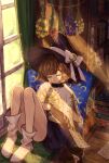  1girl absurdres book bookshelf brown_hair commentary flower hat highres indoors legs_up medium_hair original pillow saigasai shoes shoes_removed short_hair sitting sleeping solo white_legwear window witch witch_hat 