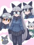  1girl :3 @_@ animal_ears aramaru black_bow black_bowtie black_fur black_gloves black_hair black_legwear black_necktie black_skirt blue_jacket bow bowtie coke-bottle_glasses cowboy_shot extra_ears eyewear_on_head fox_ears fox_girl fox_tail fur_trim glasses gloves green_scarf grey_hair highres jacket kemono_friends kemono_friends_3 long_hair long_sleeves multicolored_hair multiple_views necktie orange_eyes pantyhose pleated_skirt scarf sidelocks silver_fox_(kemono_friends) skirt sweatdrop tail 